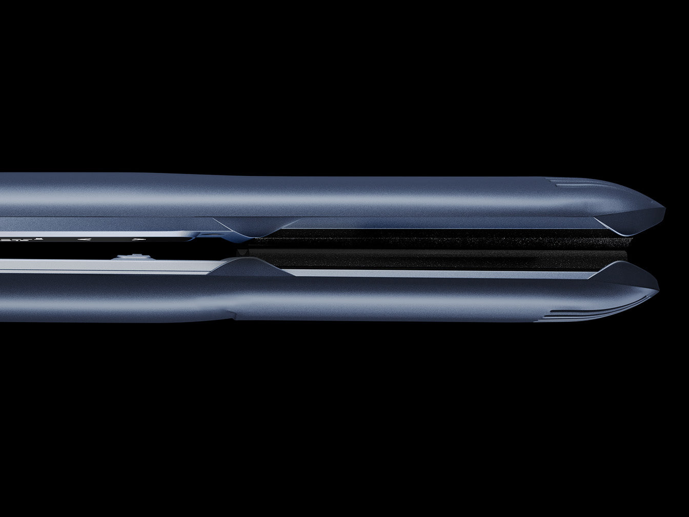 Side view of a blue 2-in-1 Contouring Iron Pro against a black background.