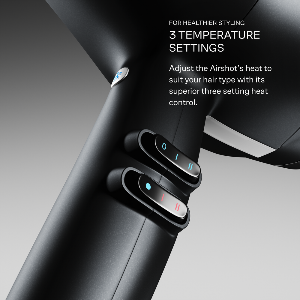Close up of the Airshot in Black, with the temperature control and speed settings on display. For healthier styling. Three temperature settings. Adjust the Airshot's heat to suit your hair type with its superior three setting heat control. 