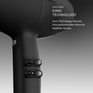 Close up of the Airshot hair dryer in Black, with the temperature control and speed settings on display. Frizz-free ionic technology. Ionic Technology reduces frizz and promotes shine for healthier results.