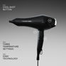 The Airshot hair dryer in Black, shown on a gradient grey background. Three features of the Airshot: cool shot button, three temperature settings, ionic technology.