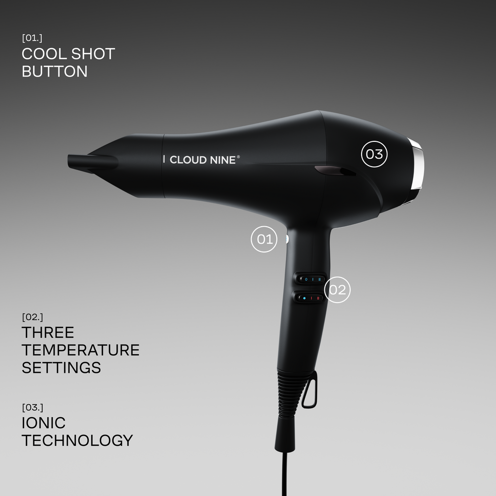 The Airshot hair dryer in Black, shown on a gradient grey background. Three features of the Airshot: cool shot button, three temperature settings, ionic technology.