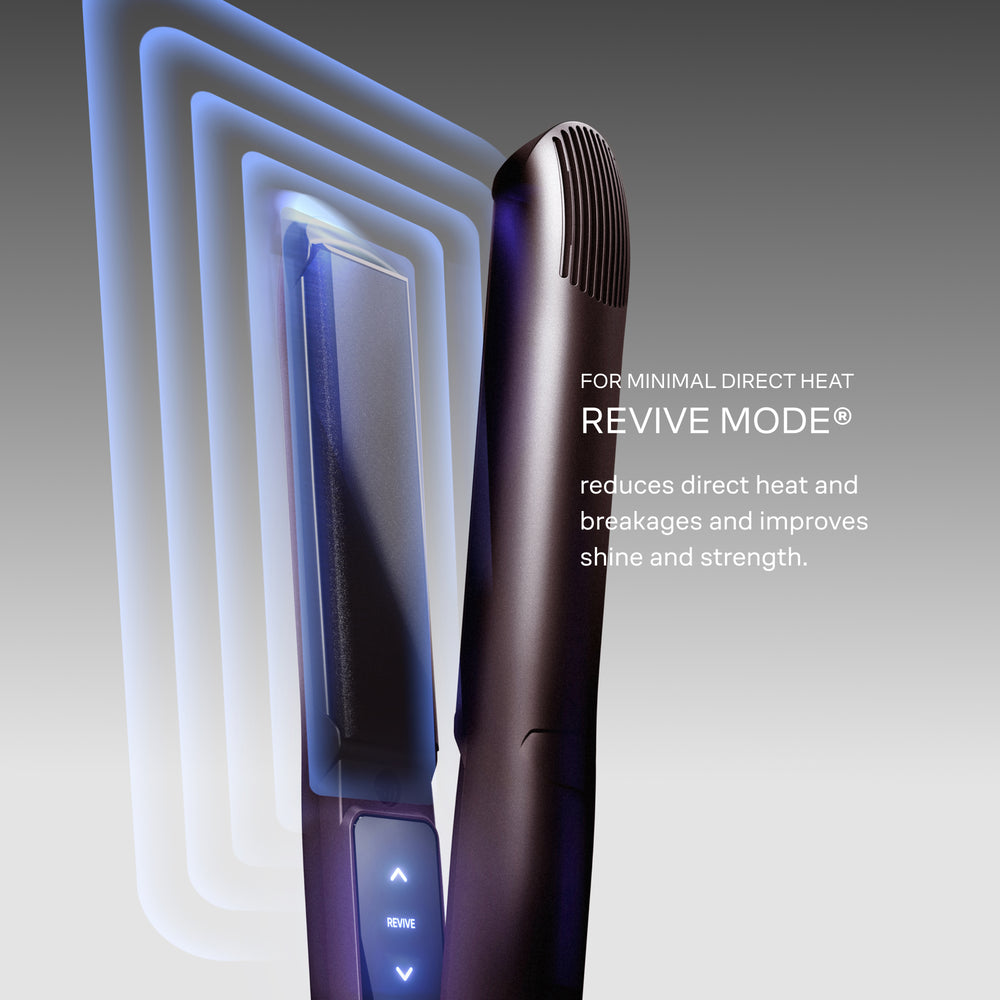 The Dark Burgundy Original Iron with 'Revive Mode' featured on a gradient background. 'For minimal direct heat, Revive Mode reduces direct heat and improves shine and strength'.