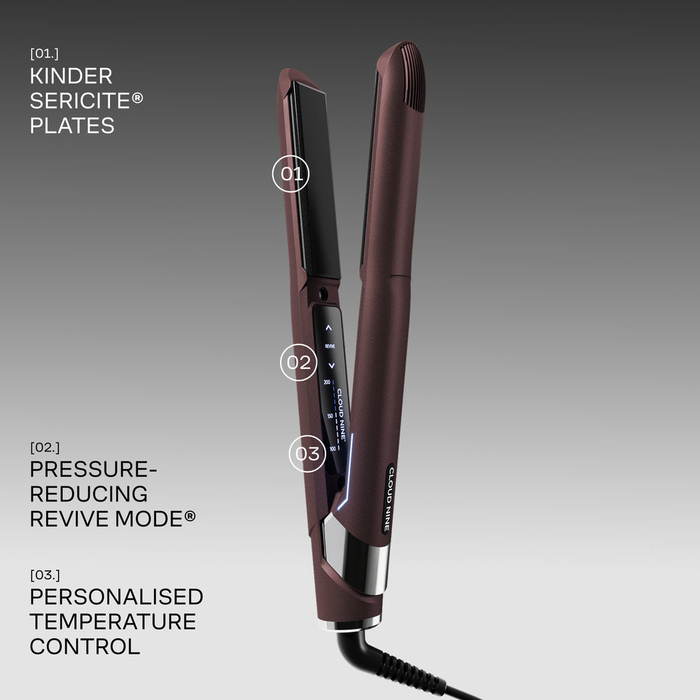 The Original Iron in a Dark Burgundy finish with features highlighted on a grey background. Kinder Sericite plates, pressure-reducing Revive Mode, and personalised temperature control.
