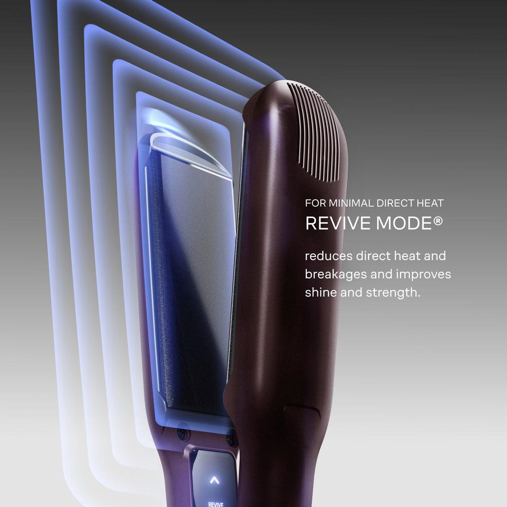 The Dark Burgundy Wide Iron with 'Revive Mode' featured on a gradient background. 'For minimal direct heat, Revive Mode reduces direct heat and improves shine and strength'.