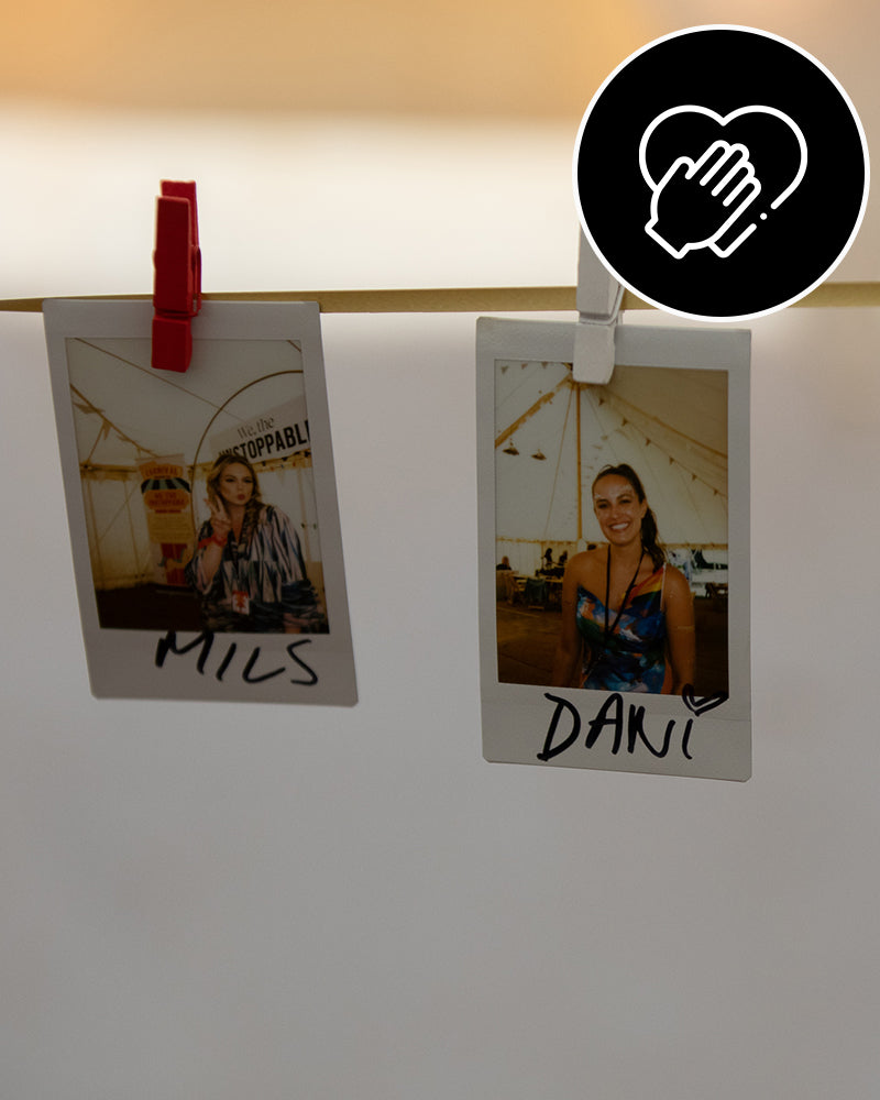 2 polaroid photos clipped onto a washing line of CLOUD NINE employees 