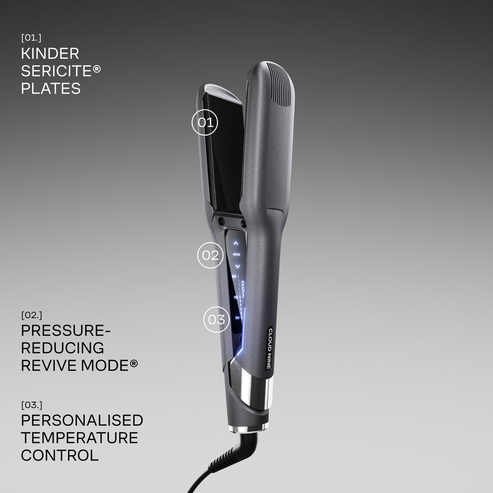 The Wide Iron in Starlight Grey with features highlighted on a grey background. Kinder Sericite plates, pressure-reducing Revive Mode, and Personalised Temperature Control.