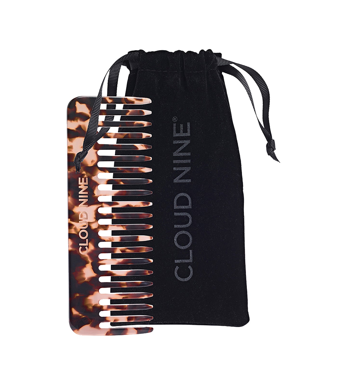 An image of the CLOUD NINE Tortoise Shell Luxury Wide Tooth Texture Comb positioned upright next to its bag with a black CLOUD NINE logo on the front, on a white background. 