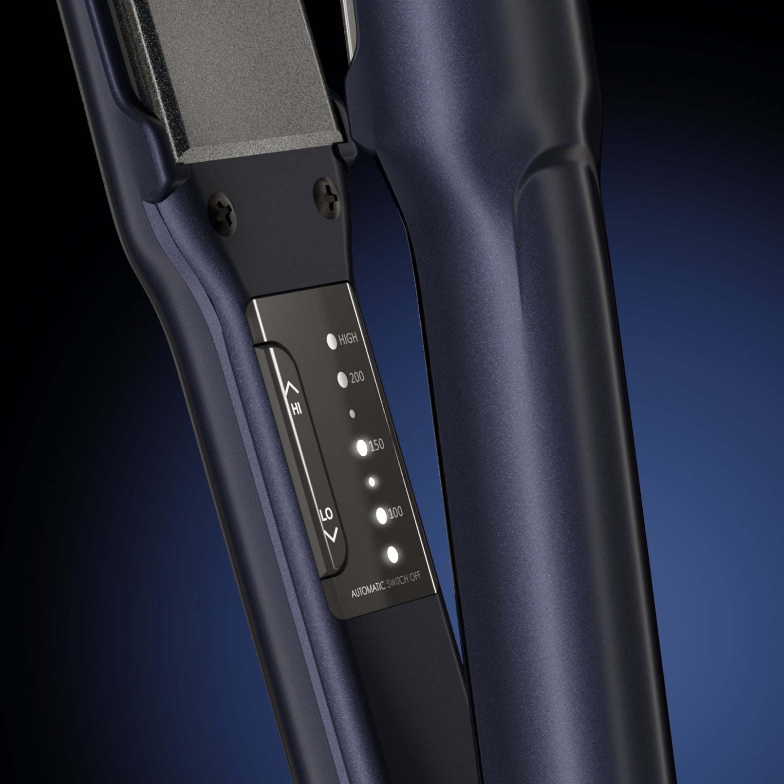 close up shot of the variable temperature control on the midnight collection wide iron
