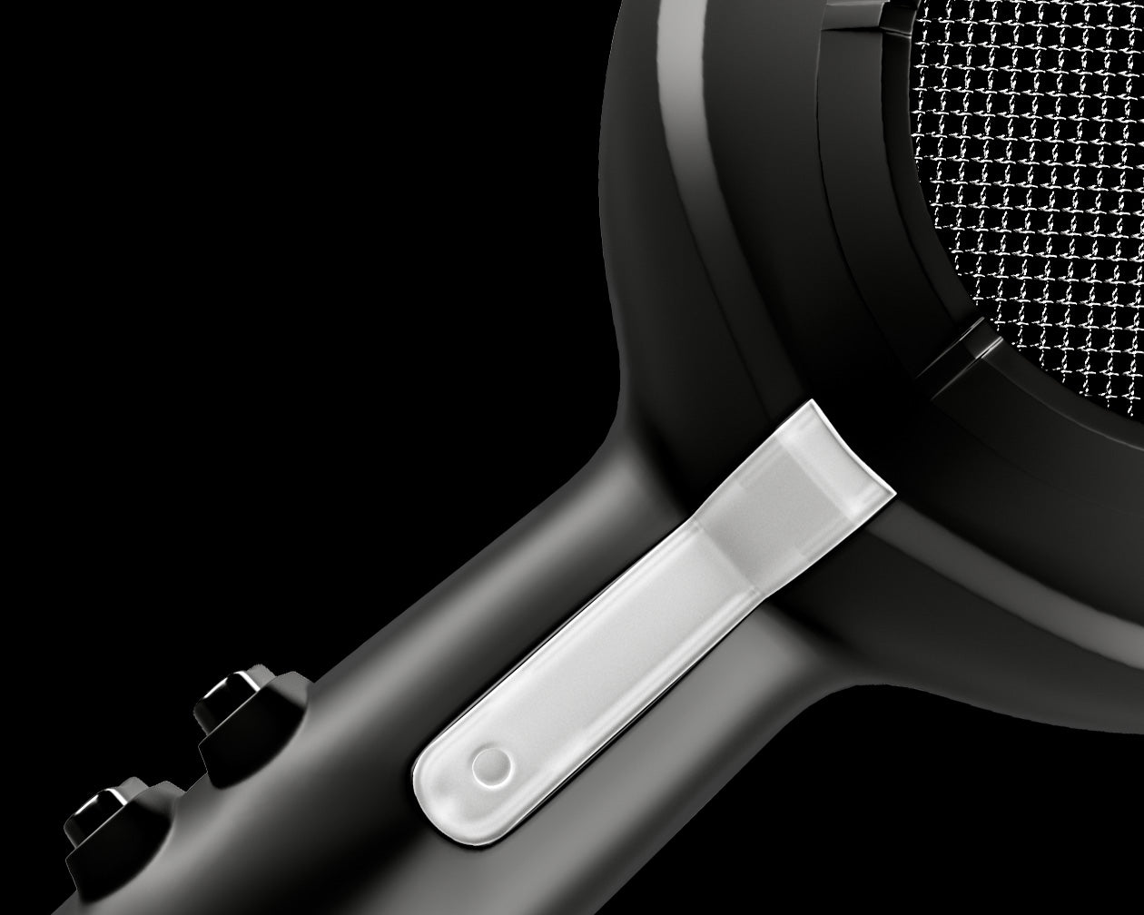 Diagonal image of the back of a black Airshot hair dryer against a black background.