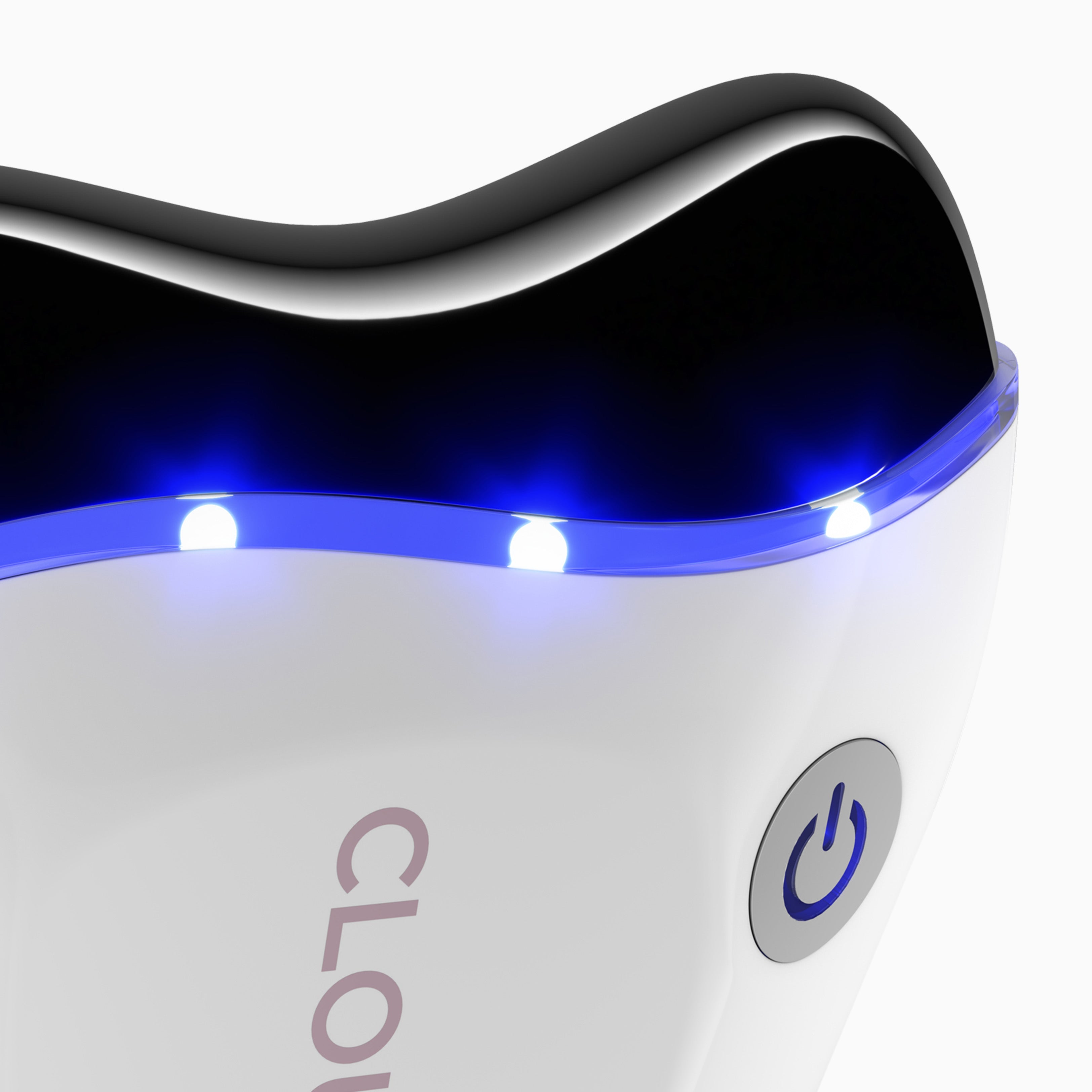 Close up of the CLOUD NINE Revive with Blue Light activated against a white background.