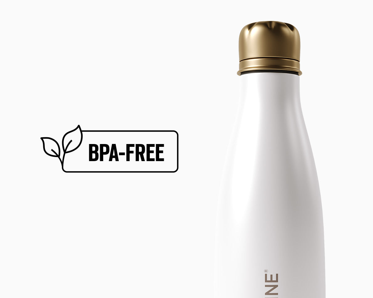 An image of the white CLOUD NINE Eco-Friendly Water Bottle positioned next to the right of the BPA-Free logo on a white background.