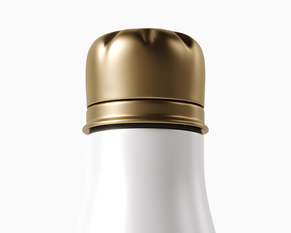 A close-up image of the top of the gold lid on the white CLOUD NINE Eco-Friendly Water Bottle on a white background.
